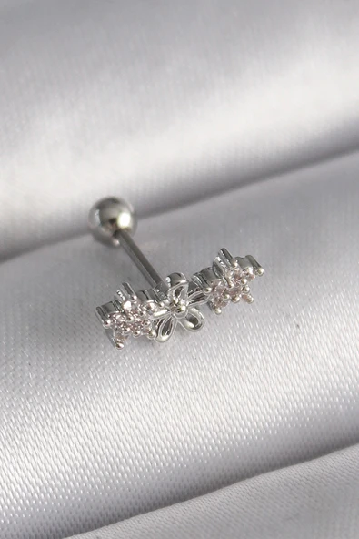 Mey İthalat® 316L Çelik Gümüş Renk Zirkon Taşlı Çiçek Tragus Piercing ürün görseli 1