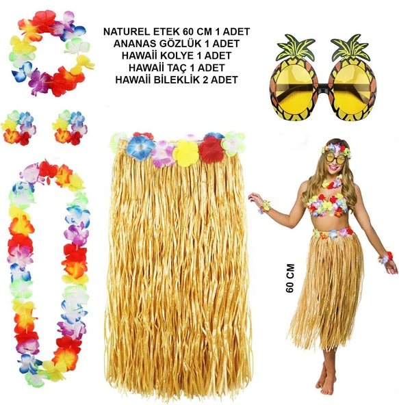 Hawaii Parti Kostüm Seti - 60 cm Hasır Etek, Çiçekli Aksesuarlar ve Ananas Gözlük ürün görseli 1
