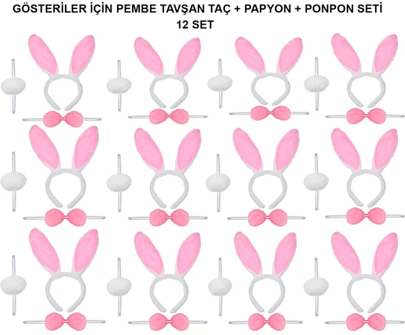 Pembe Tavşan Kostüm Seti – Taç, Papyon, Ponpon (12’li Paket) ürün görseli 1