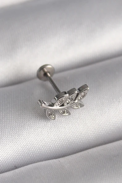 Mey İthalat® 316L Çelik Gümüş Renk Dal Model Zirkon Taş Detaylı Tragus Piercing ürün görseli 1