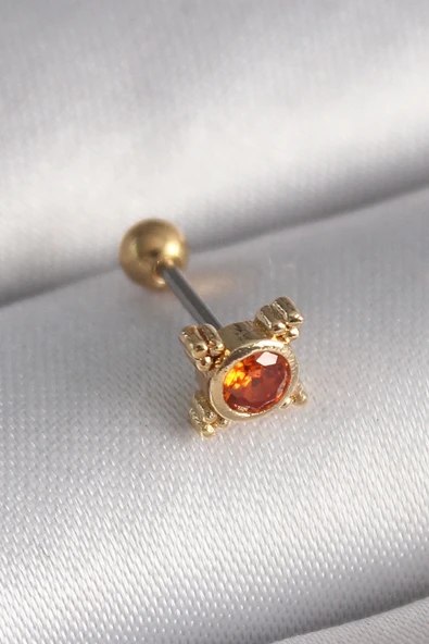 Mey İthalat® 316L Çelik Gold Renk Turuncu Zirkon Taşlı Tragus Piercing ürün görseli 1
