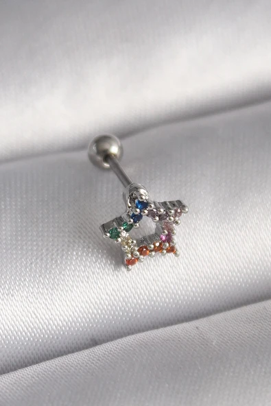 Mey İthalat® 316L Çelik Gümüş Renk Renkli Zirkon Taşlı Yıldız Model Tragus Piercing ürün görseli 1