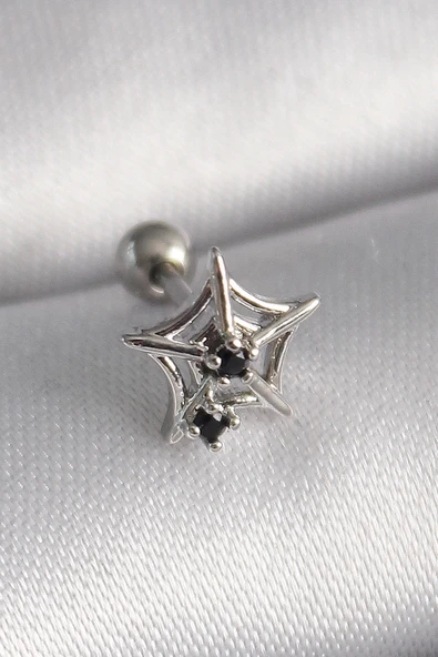 Mey İthalat® 316L Çelik Gümüş Renk Siyah Zirkon Taş Detay Örümcek Ağ Model Tragus Piercing ürün görseli 1