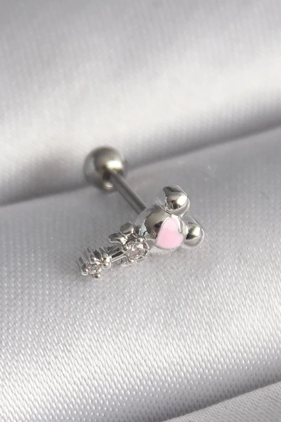 Mey İthalat® 316L Çelik Gümüş Renk Zirkon Taş Detay Pembe Kalp İşleme Tragus Piercing ürün görseli 1