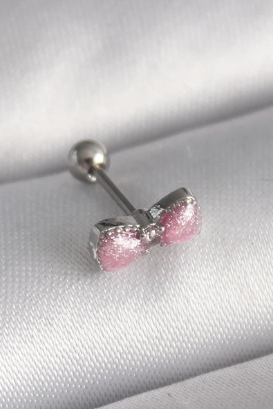 Mey İthalat® 316L Çelik Gümüş Renk Pembe Kurdele Zirkon Taş Detay Tragus Piercing ürün görseli 1