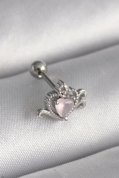 Mey İthalat® 316L Çelik Gümüş Renk Pembe Mineli Kalp Zirkon Taş Detay Tragus Piercing ürün görseli 1