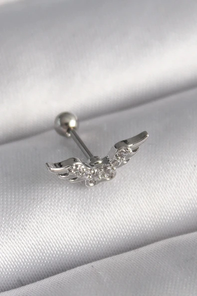 Mey İthalat® 316L Çelik Gümüş Renk Zirkon Taş Detay Kanat Model Tragus Piercing ürün görseli 1