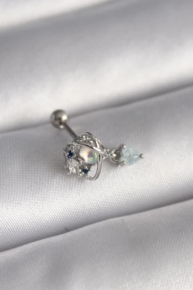 Mey İthalat® 316L Çelik Gümüş Renk Zirkon Taşlı Sallantı Kalp Detay Tragus Piercing ürün görseli 1