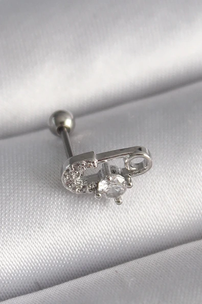 Mey İthalat® 316L Çelik Gümüş Renk Zirkon Taşlı Toplu İğne Tragus Piercing ürün görseli 1