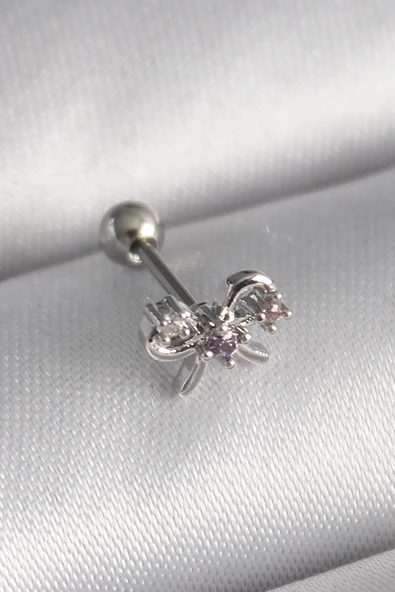 Mey İthalat® 316L Çelik Gümüş Renk Zirkon Taşlı Kurdele Tragus Piercing ürün görseli 1
