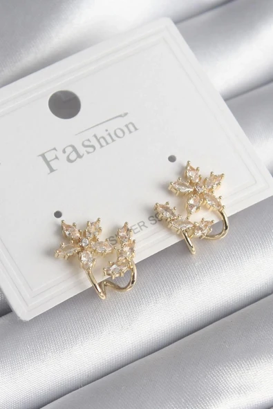 Mey İthalat® Pirinç Gold Renk Zirkon Taşlı Çiçek Model Kadın Küpe ürün görseli 1