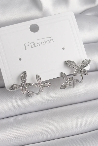 Mey İthalat® Pirinç Gümüş Renk Zirkon Taşlı Kelebek Model Kadın Küpe ürün görseli 1