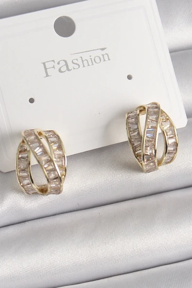 Mey İthalat® Pirinç Gold Renk Zirkon Taşlı Düğüm Halka Model Kadın Küpe ürün görseli 1