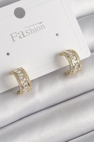 Mey İthalat® Pirinç Gold Renk Zirkon Taşlı Halka Model Kadın Küpe ürün görseli 1