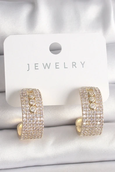 Mey İthalat® Pirinç Gold Renk Zirkon Taşlı Halka Messika Model Kadın Küpe ürün görseli 1