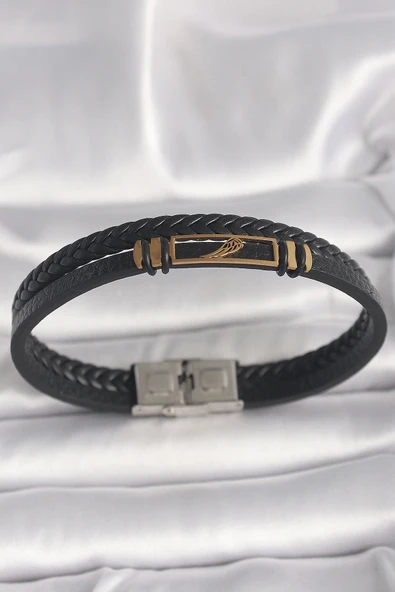 Mey İthalat® 316L Çelik Gold Renk Kanat Aksesuarlı Siyah Burgu Model Deri Kordon Erkek Bileklik ürün görseli 1