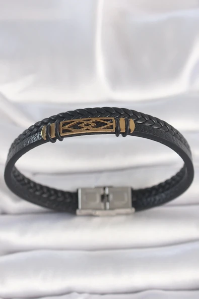 Mey İthalat® 316L Çelik Gold Renk Aksesuarlı Çift Sıra Siyah Burgu Desenli Deri Kordon Erkek Bileklik ürün görseli 1