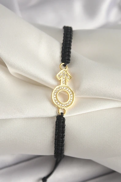 Mey İthalat® Pirinç Gold Renk Zirkon Taşlı Mars Figür Asansörlü Makrome Model Kadın Bileklik ürün görseli 1
