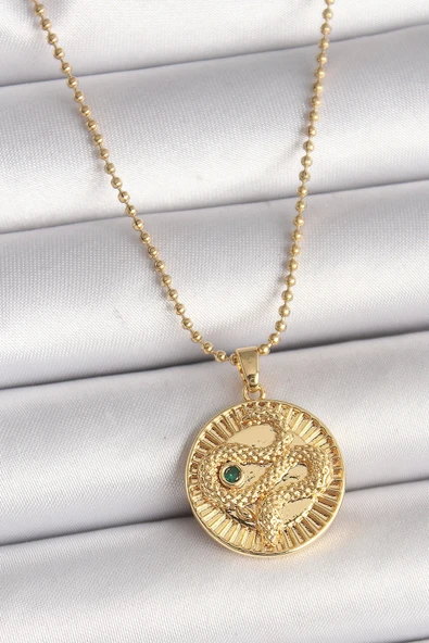 Mey İthalat® 316L Çelik Gold Renk Topçuk Zincir Yılan İşlemeli Zirkon Taş Detaylı Madalyon Model Kadın Kolye ürün görseli 1