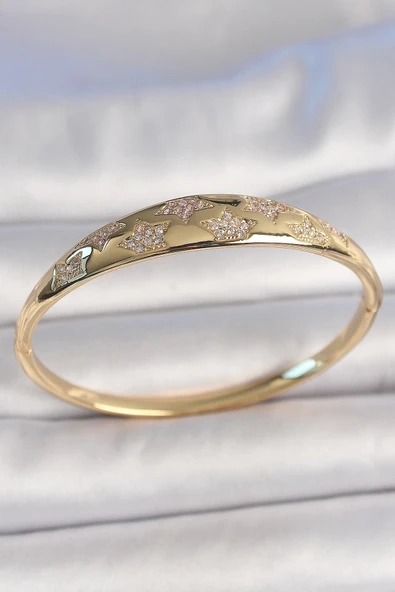 Mey İthalat® Pirinç Gold Renk Zirkon Taşlı Yıldız İşlemeli Kadın Kelepçe ürün görseli 1
