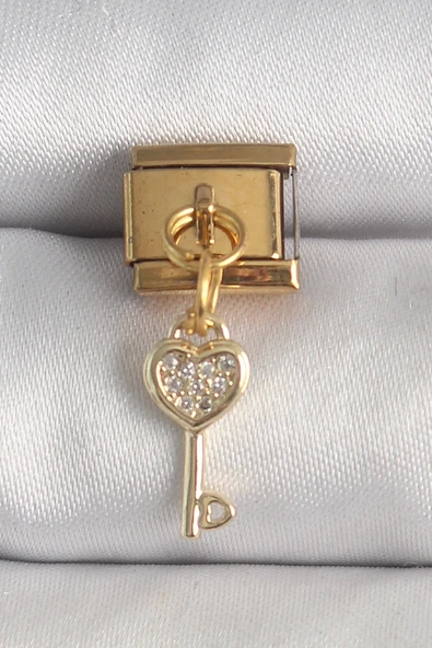 Mey İthalat® 316L Çelik Gold Renk Sallantı Zirkon Taşlı Kalpli Anahtar Model Nomination Charm ürün görseli 1