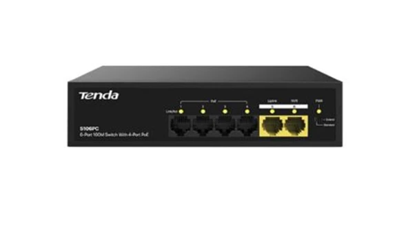 Tenda S106PC 6 Port 4 Port Poe+ 10-100 Mbps + 2 Port Uplink Switch Çelik Kasa Rack Mount ürün görseli 1