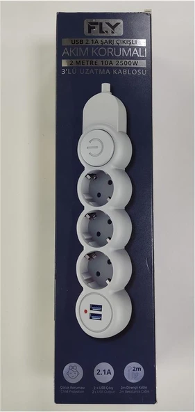 Fly 3393-01 3lü 2mt 2.1A Anahtarlı 2Usb Şarj Çıkışlı Akım Korumalı 2500w ürün görseli 1