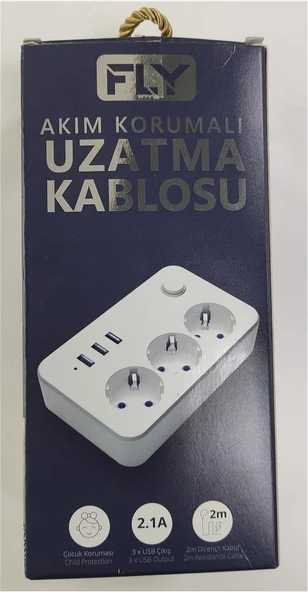 Fly 3406-01 3lü Anahtarlı 2.1A 3Usb Şarj Çıkışı 2mt Anahtarlı  Akım Korumalı Priz Çocuk Koruması ürün görseli 1