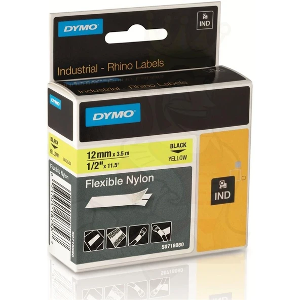 Dymo RhinoPRO Esnek Naylon 12mmx3,5m Sarı-Siyah ürün görseli 1