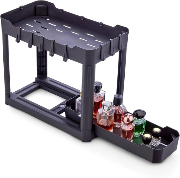 Sev Plastik 2 Katlı Sürgü Çekmeceli Tezgah Altı Organizer Siyah (40x22x33cm) ürün görseli 1