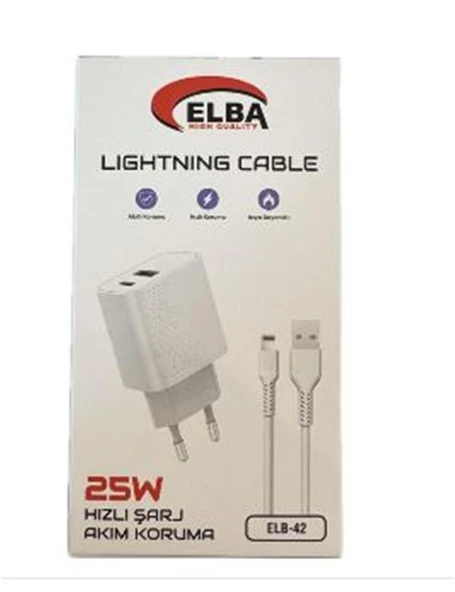Elba ELB42 Beyaz 25W Şarj Kafa+ İphone Kablo USB-C PD3.0-QC4.0(Akım Koruma-Hızlı Şarj-) ürün görseli 1