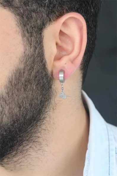 Mey İthalat® Silver Renk Kaplama Osmanlı Tuğra Figürlü Kıstırmalı Çelik Erkek Küpe ürün görseli 1