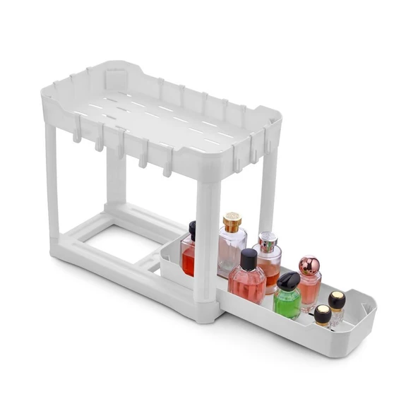 Sev Plastik 2 Katlı Sürgü Çekmeceli Tezgah Altı Organizer Beyaz (40x22x33cm) ürün görseli 1