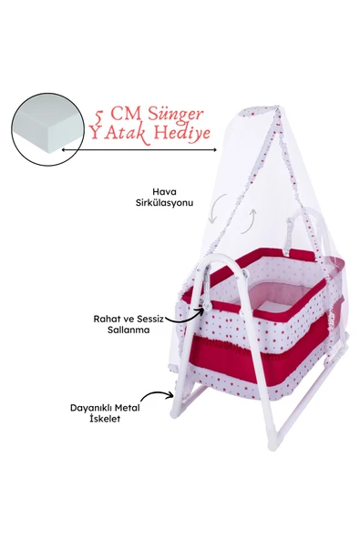 CHUBBY BABY Lüks Sallanır Tüllü Portatif Sepet Beşik Kırmızı 5 CM SÜNGER YATAK ürün görseli 1