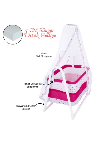 CHUBBY BABY Lüks Sallanır Tüllü Portatif Sepet Beşik Kırmızı 5 CM SÜNGER YATAK ürün görseli 1