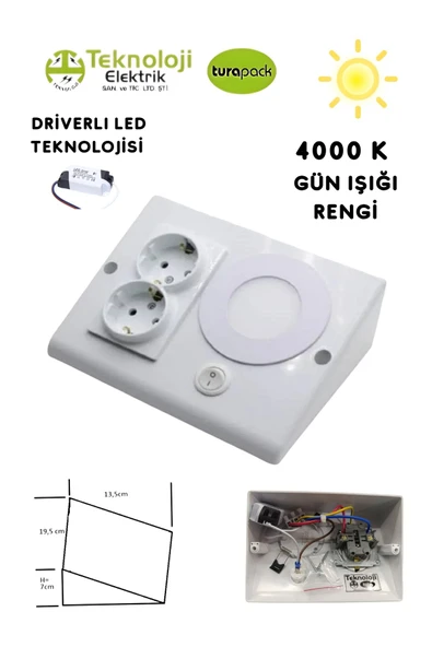 TEKNOLOJİ ELEKTRİK Dolap Tezgah Altı 2'li Priz Ve 3 Watt Anahtarlı Led Spot Aydınlatma (BEYAZ KASA) Işık Ve Akıllı Priz ürün görseli 1
