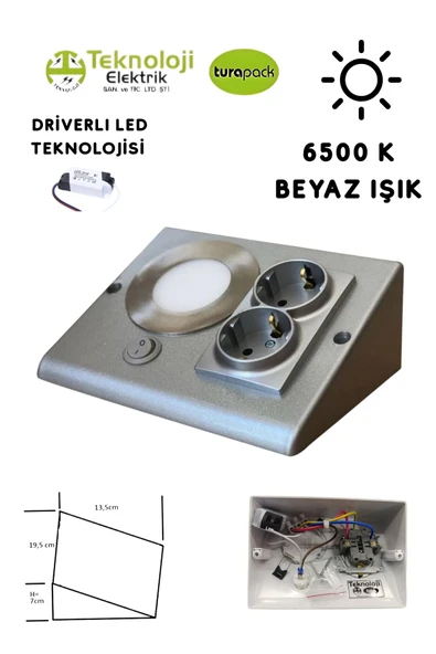 TEKNOLOJİ ELEKTRİK Dolap Tezgah Altı 2'li Priz Ve 3 Watt Anahtarlı Led Spot Aydınlatma (FÜME KASA) Işık Ve Akıllı Priz ürün görseli 1