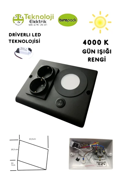 TEKNOLOJİ ELEKTRİK Dolap Tezgah Altı 2'li Priz Ve 3 Watt Anahtarlı Led Spot Aydınlatma (SİYAH KASA) Işık Ve Akıllı Priz ürün görseli 1