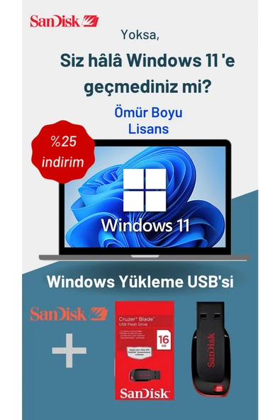 Windows 11 Kurulum Dosyalı 64GB USB Bellek (Windows 11 Pro Lisans Anahtarı Hediyeli) ürün görseli 1