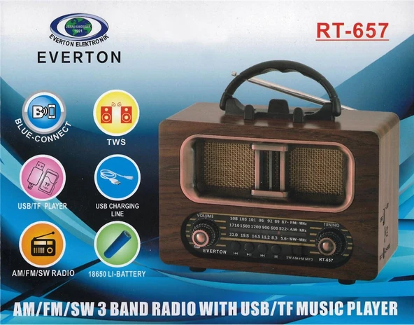 Everton Rt-657  Bluetooth Fm-Usb-Tf-Aux Şarjlı Nostaljik Radyo ürün görseli 1