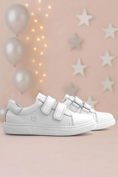 Hakiki Deri Beyaz Cırt Cırtlı Kız Çocuk Sneakers Ayakkabı ürün görseli 1