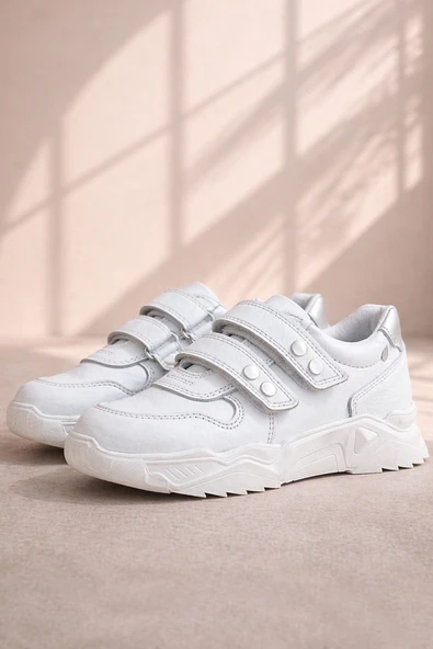 Rakerplus Hakiki Deri Beyaz Metal Detaylı Kız Çocuk Sneakers Ayakkabı ürün görseli 1