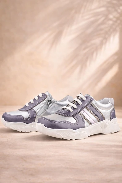 Rakerplus Hakiki Deri Platin Pembe Parlak Taşlı Kız Çocuk Sneakers Ayakkabı ürün görseli 1