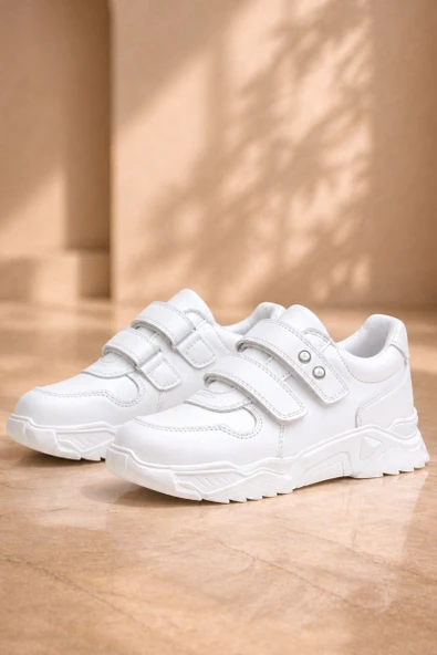 Rakerplus Hakiki Deri Beyaz Taşlı Kız Çocuk Sneakers Ayakkabı ürün görseli 1