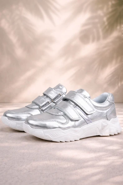 Rakerplus Hakiki Deri Gümüş Beyaz Tabanlı Kız Çocuk Sneakers Ayakkabı ürün görseli 1