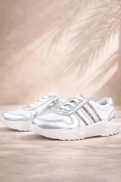Rakerplus Hakiki Deri Gümüş Pembe Parlak Taşlı Kız Çocuk Sneakers Ayakkabı ürün görseli 1