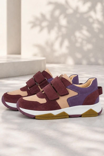 Rakerplus Hakiki Deri Bordo Pembe Kız Çocuk Cırtlı Sneakers Spor Ayakkabı ürün görseli 1