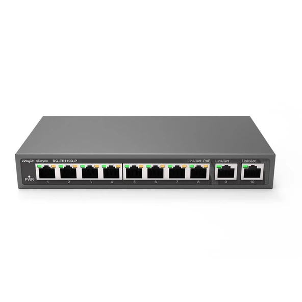 Ruijie-Reyee RG-ES110D-P 8 Port Poe+ 10-100 Mbps 2 Port 10-100-1000 Mbps Uplink Switch Çelik Kasa ürün görseli 1
