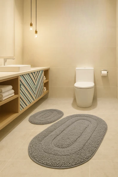 %100 Pamuk Dokuma, Su Emici, Banyo Paspas Seti, Banyo Halısı Vera 2'li Klozet Takım 60x100-60x50 ürün görseli 1