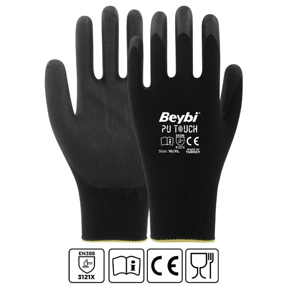 Beybi 7 Beden 12li Paket  Poliüretan Kaplı Pu Touch Siyah Montaj Eldiven  EN388 (3121X) ürün görseli 1